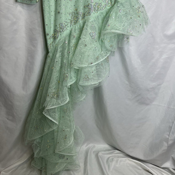 Mac Duggal Ieena Bishop Sleeve V Neck Empire High Low Dress 6 Seafoam Blue - Picture 6 of 16